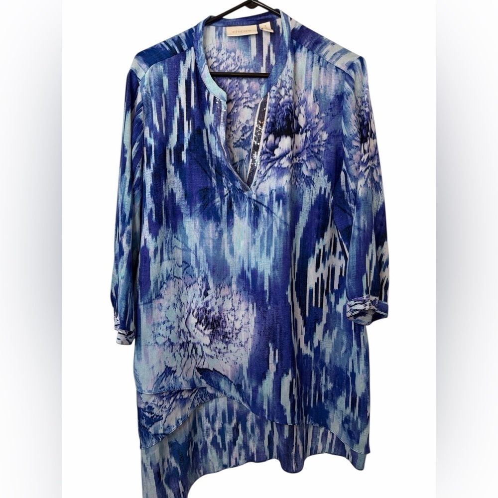 Chico's Womens Blue Split Neck 3/4 Sleeve Asymmetric Abstract Blouse NWOT